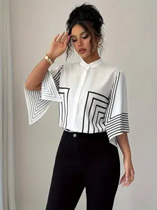 Elegant French Style Fitted Shirt Blouse with Digital Print Geometric Lines, Asymmetric Cuffs, Stand Collar, Spring Summer Vacation Wear Tops