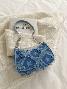 Women's Decorative Buckle Shoulder Bag - Blue Denim Star-Print Tote with Tattered Hem, Silver Metal Chain Strap, and Decorative Stitching, Street Fashion Hobo Bag, Perfect Small/Medium Crossbody Bag for Shopping, Dating, Work