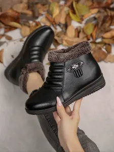 Women's Leather Winter Boots, Short Snow Boots with Warm Plush Lining, Casual Fashion Design, Perfect for Cold Weather