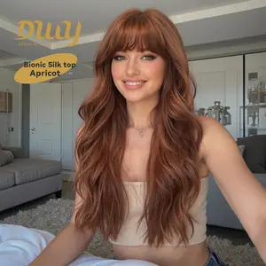 Apricot -DWY New Technology! Bionic Silk Top 24-Inch Long Wave Cowboy Copper Glueless Synthetic Wig with Bangs for Women High-Quality Premium Fiber Easy Wear Comfortable Fit