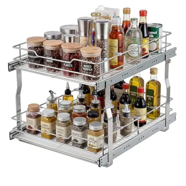 GAOMON 2-Tier Pull Out Cabinet Organizer with Heavy-Duty Steel Frame, Easy Installation, Waterproof Slide Out Shelf & Drawer Basket, 14" W x 21"D x 15" H for Kitchen & Pantry, Water Proof