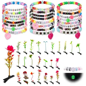 32 Set Rave Trinkets with Kandi Bracelets and Rave Bean Sprout Hair Clips Stretch Scene Bracelet with Funny Flower Hair Clip Party Headwear Pin Rave Festival Accessories for Women Plur