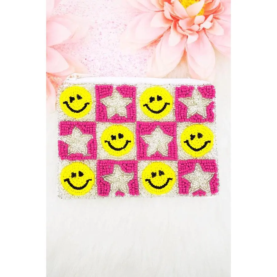 Pink star/Smiley BEADED COIN clutch PURSE