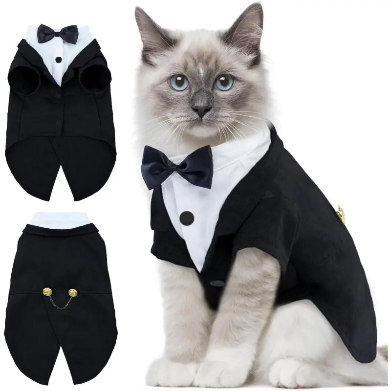 Sphynx Cat Formal Tuxedo Set - Stylish Long-Sleeve Solid Fabric Formal Wear with Bow Tie, Fashionable Shirt, Jumpsuit for Special Occasions (Tuxedo Look, Perfect Fit, Cat-Only Pet Costume)