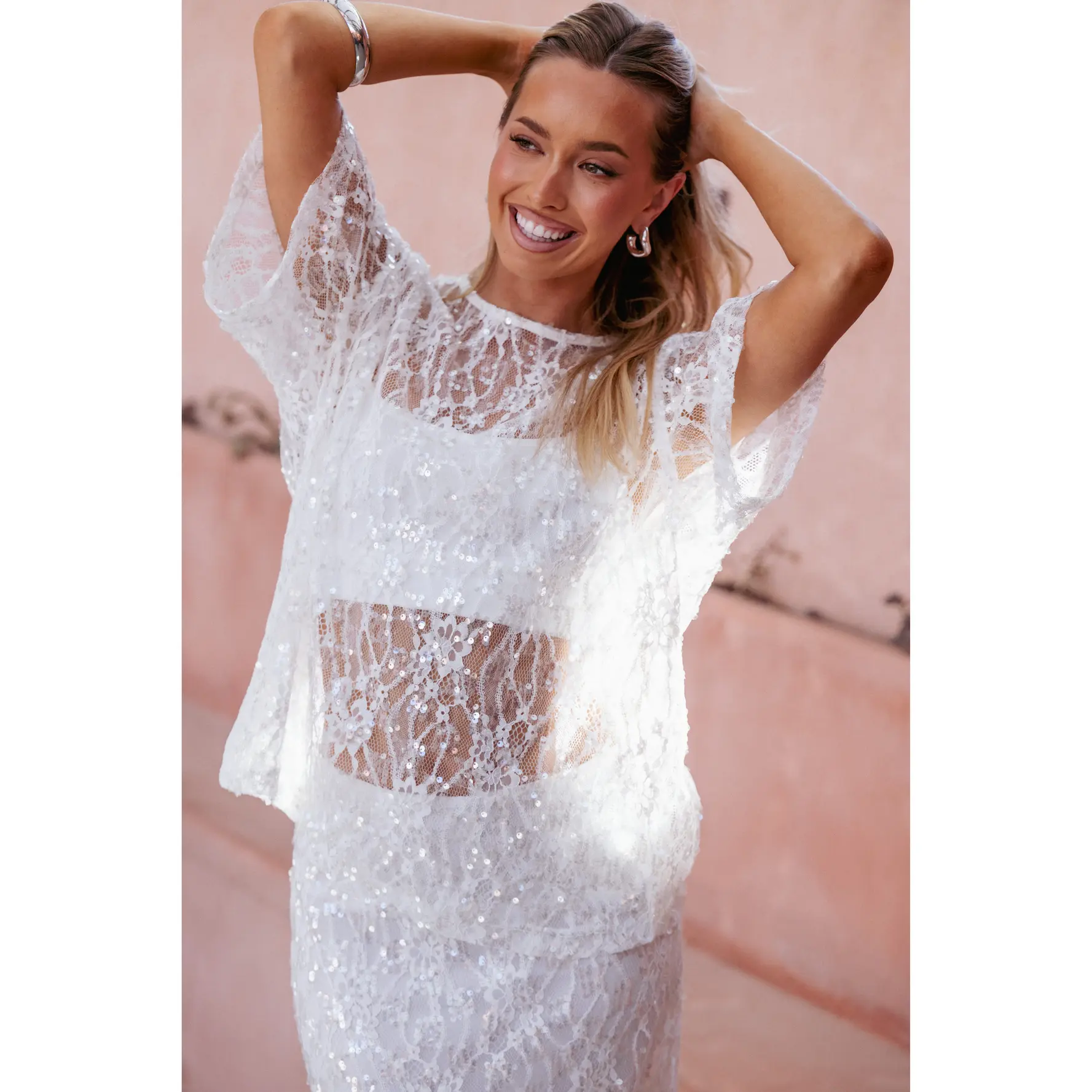 Yonder Sheer Lace Tee Top - White