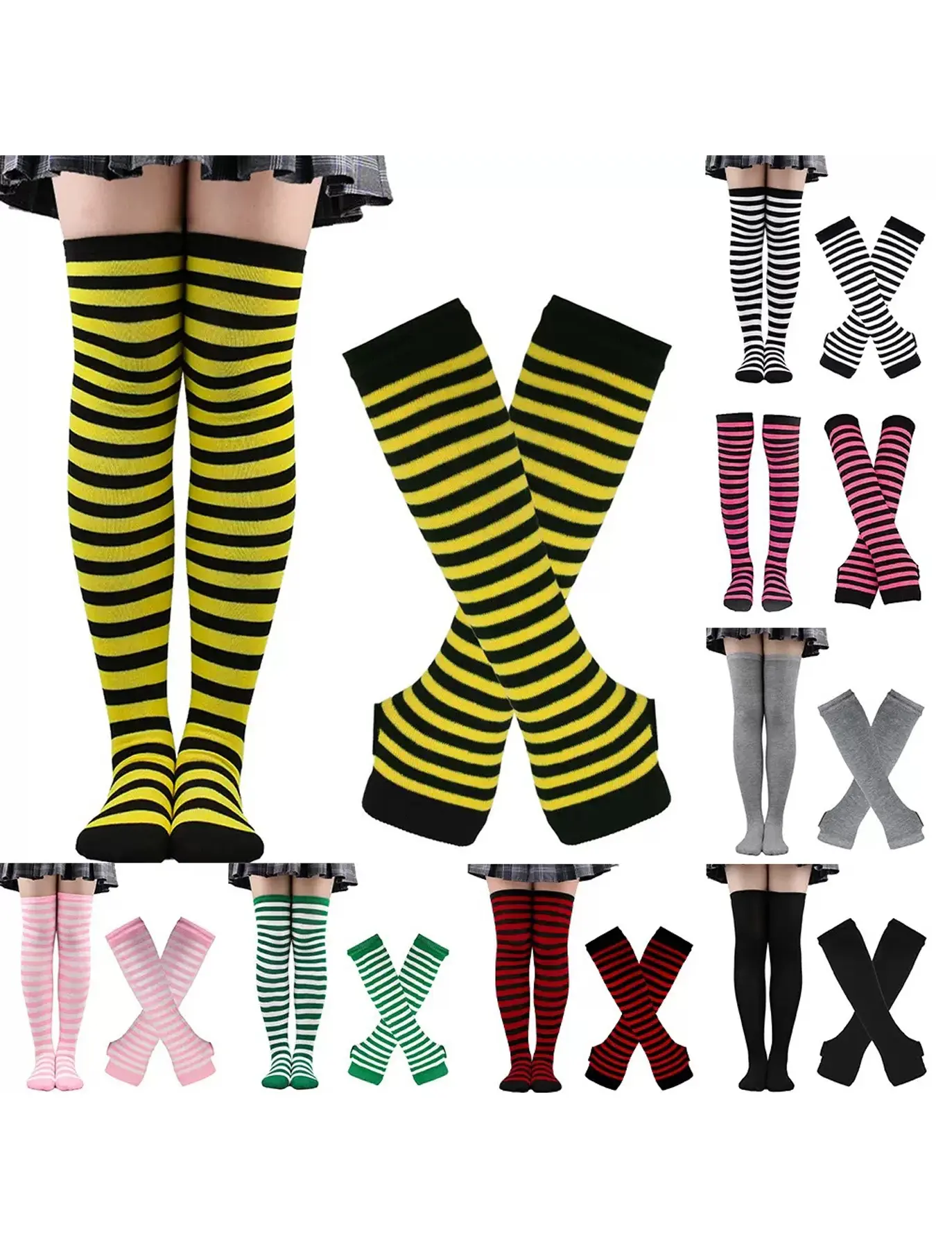 Women's Striped Socks & Gloves Set, Autumn Winter New Style, Christmas Halloween Cosplay High Tube Socks Gloves, Festive Holiday Accessories, Costume