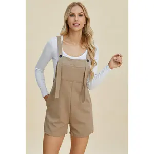 Double Take Full Size Texture Sleeveless Romper - Basic Women's Casual Fitted Overalls in Beige with Straps & Above the Knee Length