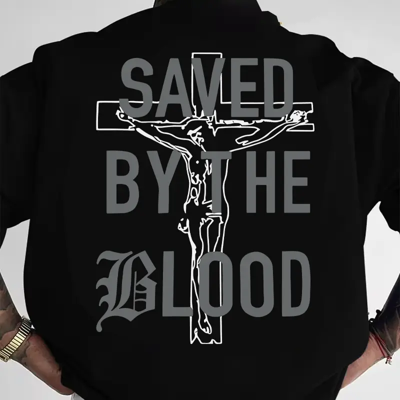 "Saved By The Blood" Back Print Christian Tee, Cross Graphic Shirt