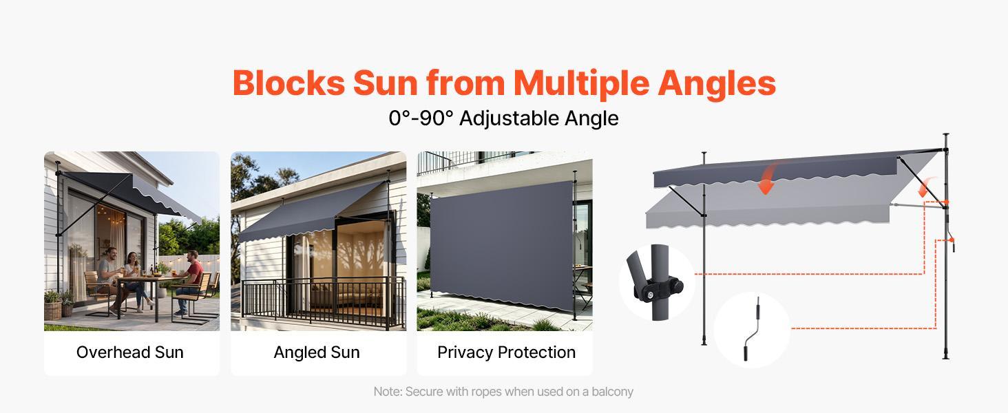 VEVOR Manual Retractable Awning, 157" Outdoor Retractable Patio Awning Sunshade Shelter, Height Adjustable Patio Door Window Canopy with Manual Crank Handle for Backyard, Garden, Balcony, Dark Gray