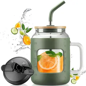 50 oz Mug Tumbler, Glass Pitcher with Handle, 1.5 Liter Tumbler with Lids and Straw, Water Bottle with Ounce Marker, Glass Coffee Cup for Travel, Gifts, Dishwasher Safe BPA Free-Olive