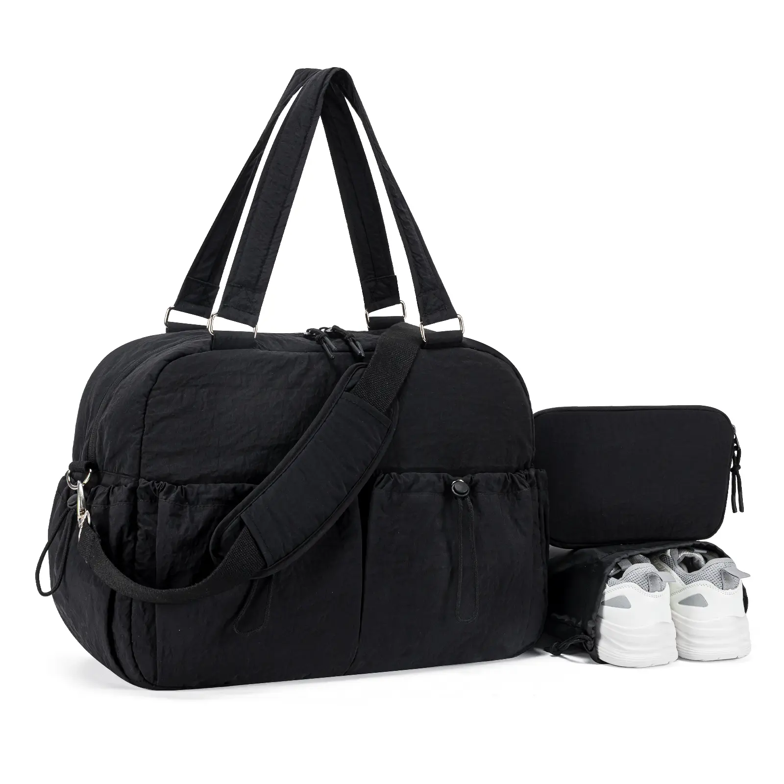 The Junco 3 Piece Set Travel Duffel Bag with Shoe Pouch and Cosmetic Bag Airline Personal Item Spirit Frontier Approved Underseat Carry On Washed Bubble Fabric Laptop Tote with Wet Pocket Luggage Sleeve Weekender Overnight Hospital Bag for Women, Adjustab