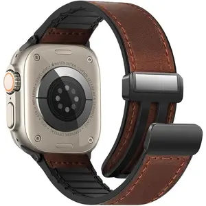 Magnetic Leather Bands Compatible with Apple Watch 49mm 46mm 45mm 44mm 42mm(S3/2/1) for Men Women, Genuine Leather with Magnetic Buckle for iWatch Ultra1/2/3 Series SE11/10/9/8/7/6/5/4/3/2/1