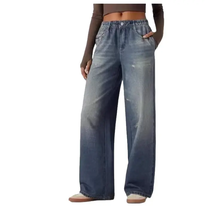 Mid Rise Denim Print Casual Sweatpants Jeans with Pockets