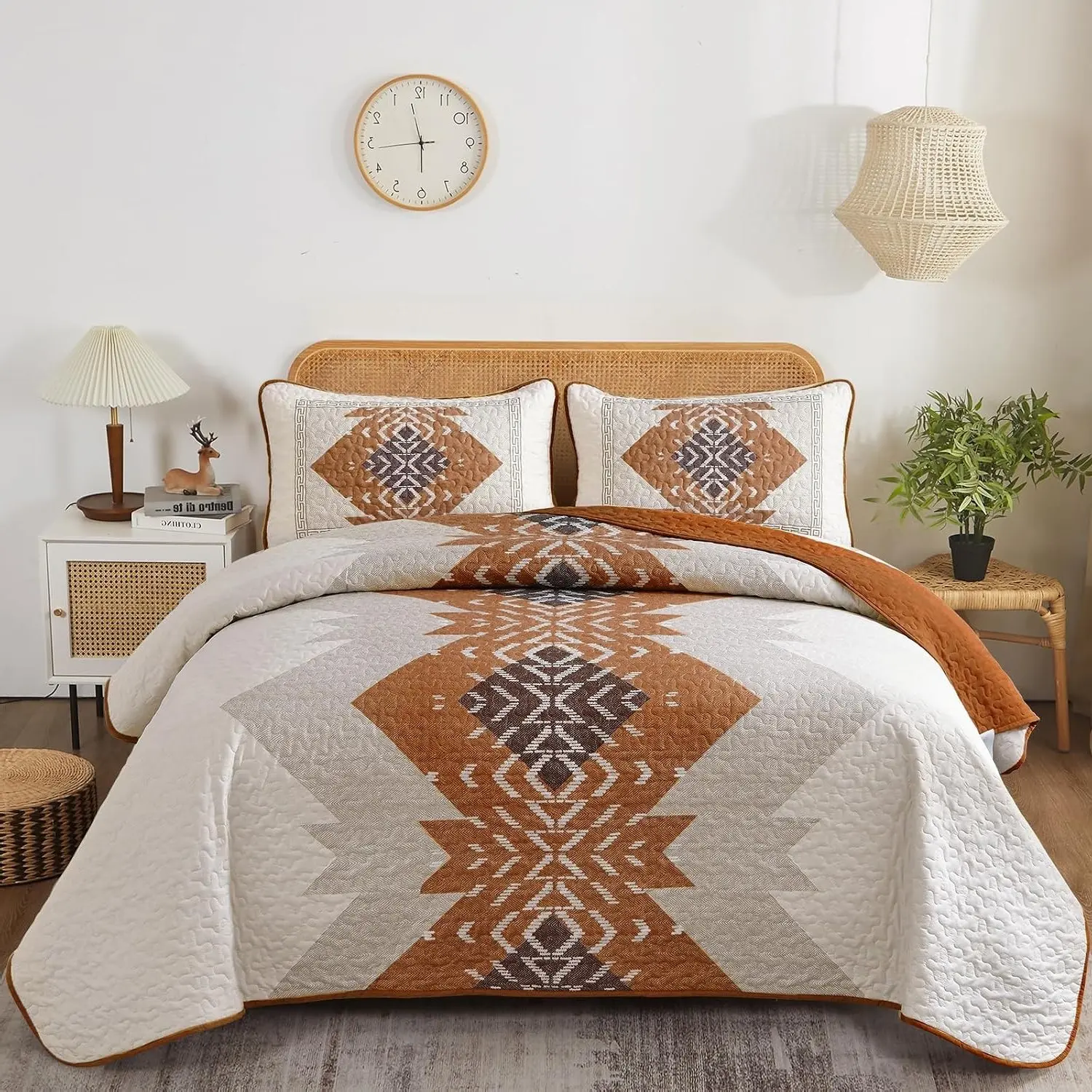 Boho Queen Quilt Set, Terracotta Aztec Reversible Bedspread | 3 Pieces Geometric Bohemian Bedding Set, Soft Lightweight Coverlet Set with 2 Pillowcases (Terracotta, 96"×90")