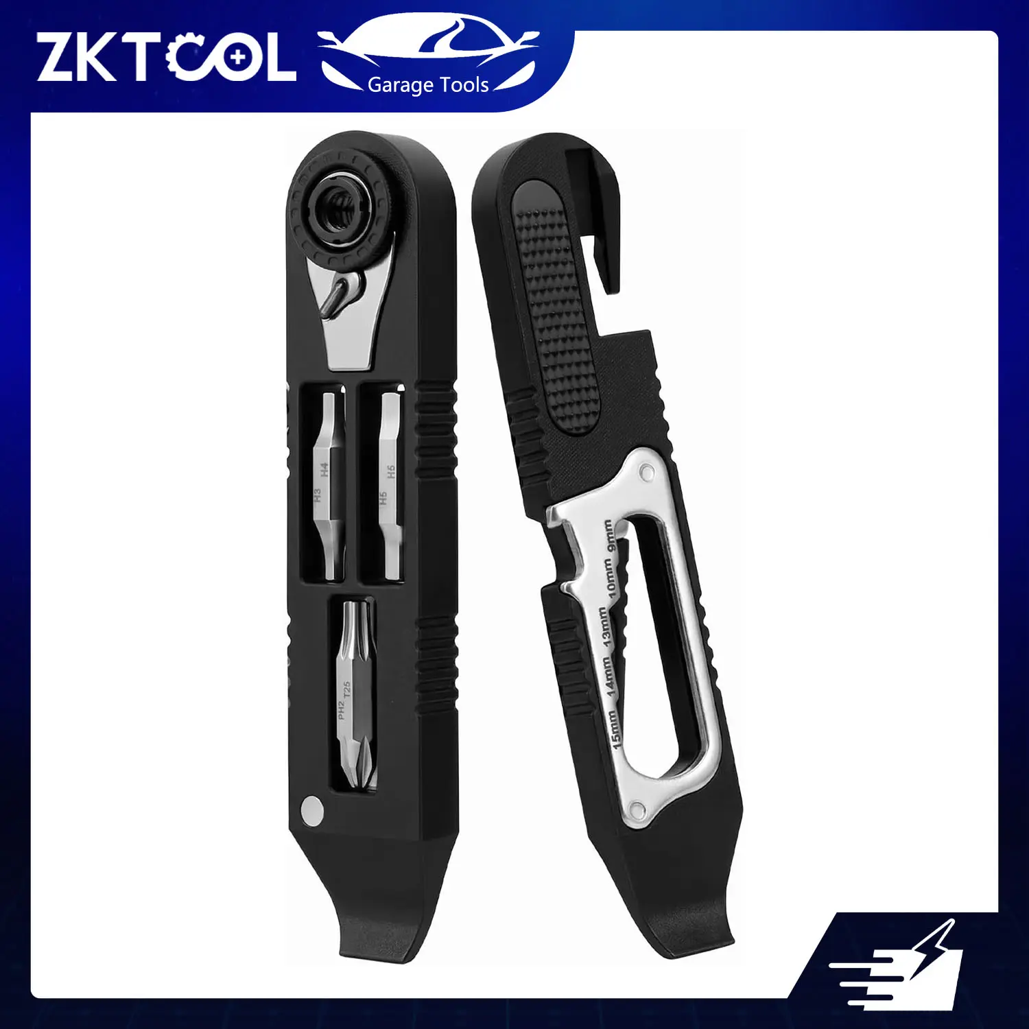 ZKTOOL Bicycle Multi-Tool Kit - Steel Alloy High Torque Ratchet Wrench Set, Snap-Together Portable Tire Prying Bar for Roadside Repair