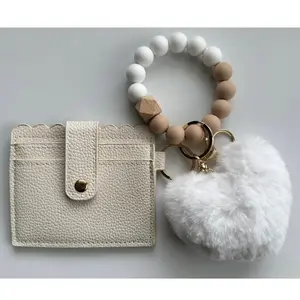 Ivory Off White Color Wallet & Wristlet with Heart Pom Pom