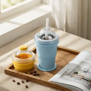 2-in-1 Collapsible Ice Ball Cup, Portable Silicone Travel Cup with Ice Mold for Camping, Iced Coffee & Whiskey,Portable Silicone Folding Tumbler with Large Sphere Ice Mold for Whiskey, Iced Coffee, Travel & Outdoor Camping