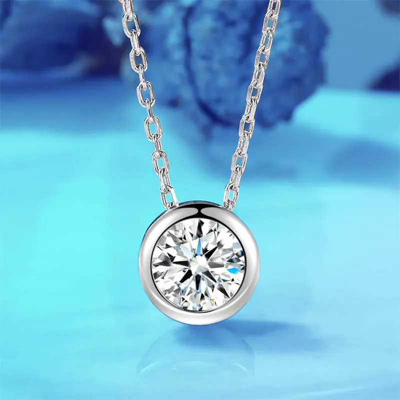 Moissanite Chain Necklace – 1CT Bezel-Set Round Pendant in 925 Sterling Silver, Minimalist Non Tarnish Jewelry, Elegant Daily Gift for Women
