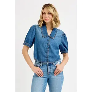 RISEN Button Down Puff Sleeve Crop Denim Shirt