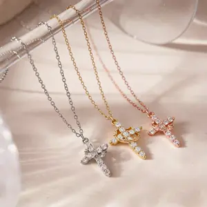 Crown Cross Necklace for Men & Women, 14K Gold Silver Two-Tone Cross Pendant, Dainty CZ Diamond Cross Necklace, Non-Tarnish, Faith Inspired Minimalist Trendy Charm Jewelry, Unisex Gif