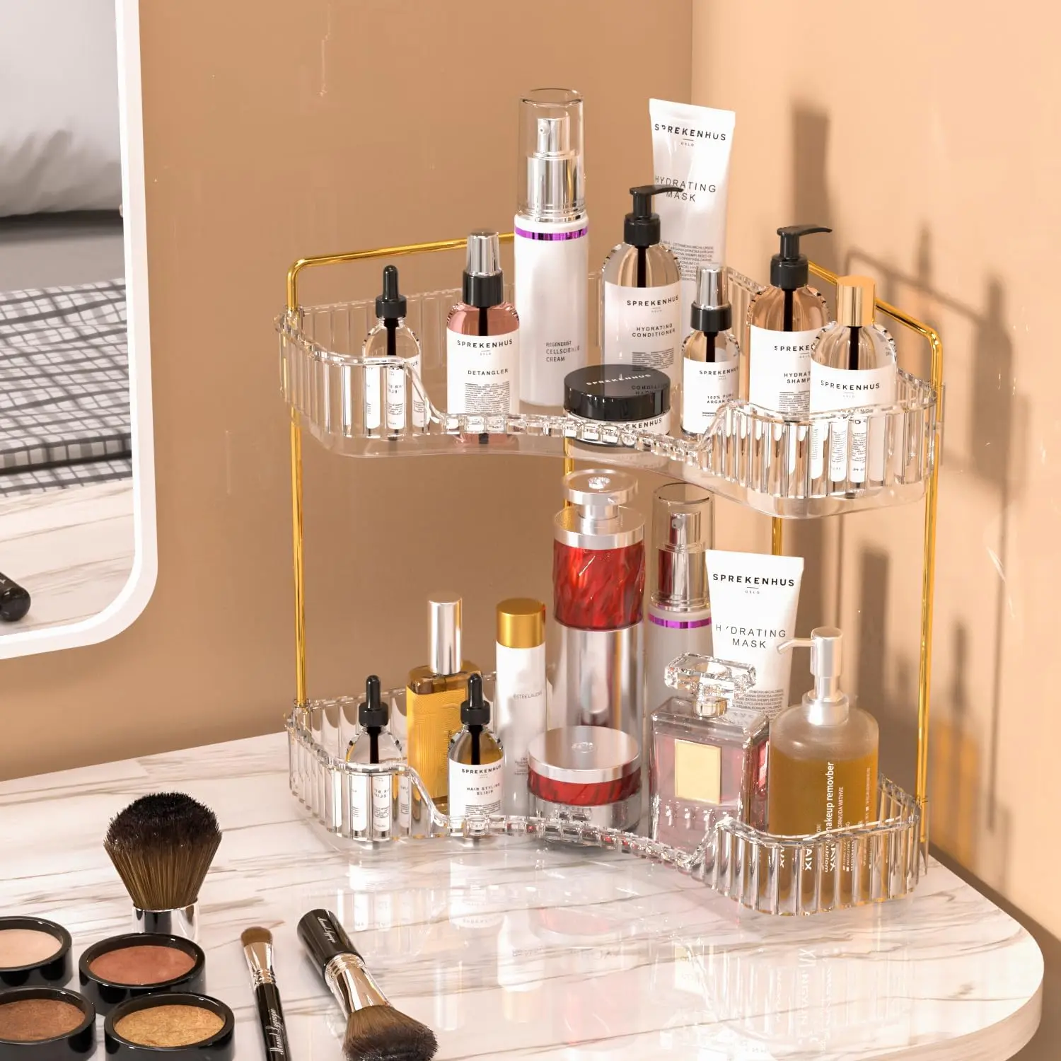 90 Degree Corner Countertop Organizer, 2 Tier Pearl White & 3 Tier Vintage Gold Optional Storage Rack, Gold Frame Striped Clear Plastic Vanity Tray Holder for Makeup Skincare, Bathroom Dresser Kitchen Spice Counter Storage