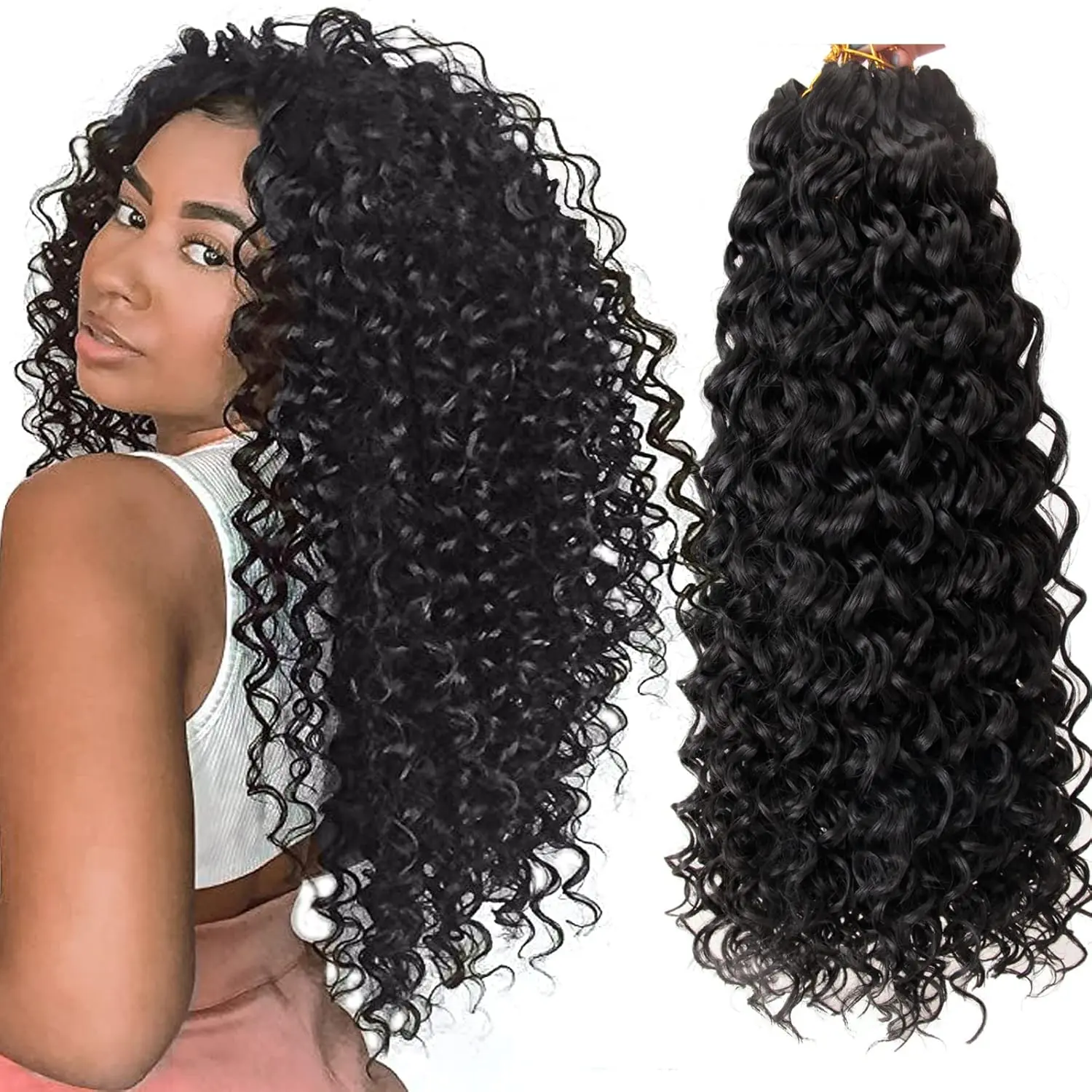 18inch Natural Black 6 Packs GoGo Curl Crochet Hair for Women, Synthetic Deep Wave Bohemian Crochet Braid Hair Extensions