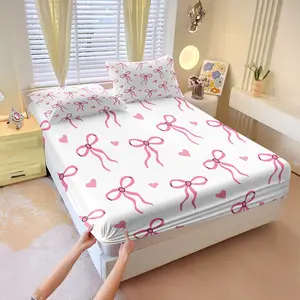 Cute Bowknot Theme Fitted Sheet Set - Comfortable and Soft Breathable Bedding Sets, A Comfortable Sheet is the Perfect Guarantee for a Good Night's Sleep, Ideal Choice for Kids' Bedrooms