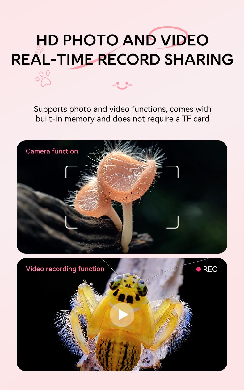 Cat Ear Kids Handheld Microscope, 500X Zoom 2MP HD IPS Screen Portable Digital Microscope with 8 LED, Educational Science Toy for Kids