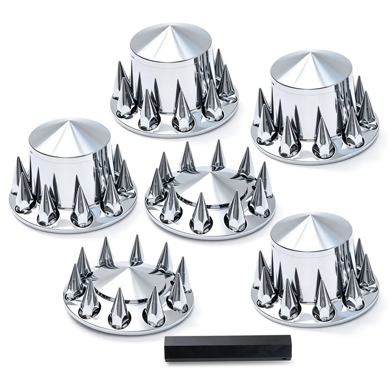 Chrome Spiked Axle Lug Nut Cover Set - Automotive Replacement Car Accessory for Semi Trucks, 2 Front & 4 Rear Units, 33mm Screw-On Plastic ABS Caps, Installation Tool Included