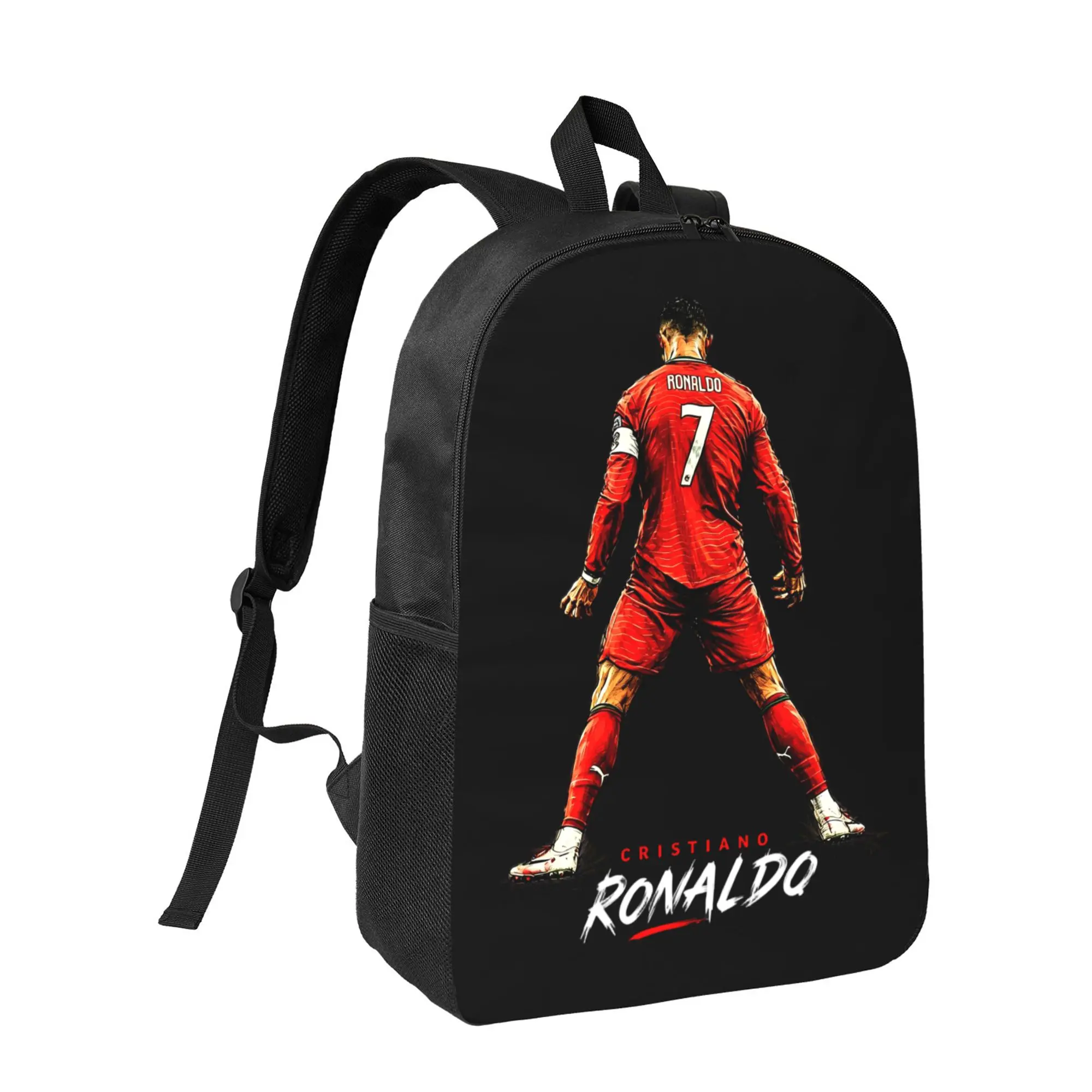 CR7 Ronaldo Graphic Backpack, Black White Soccer Print Adjustable Strap Bag for Sports Casual