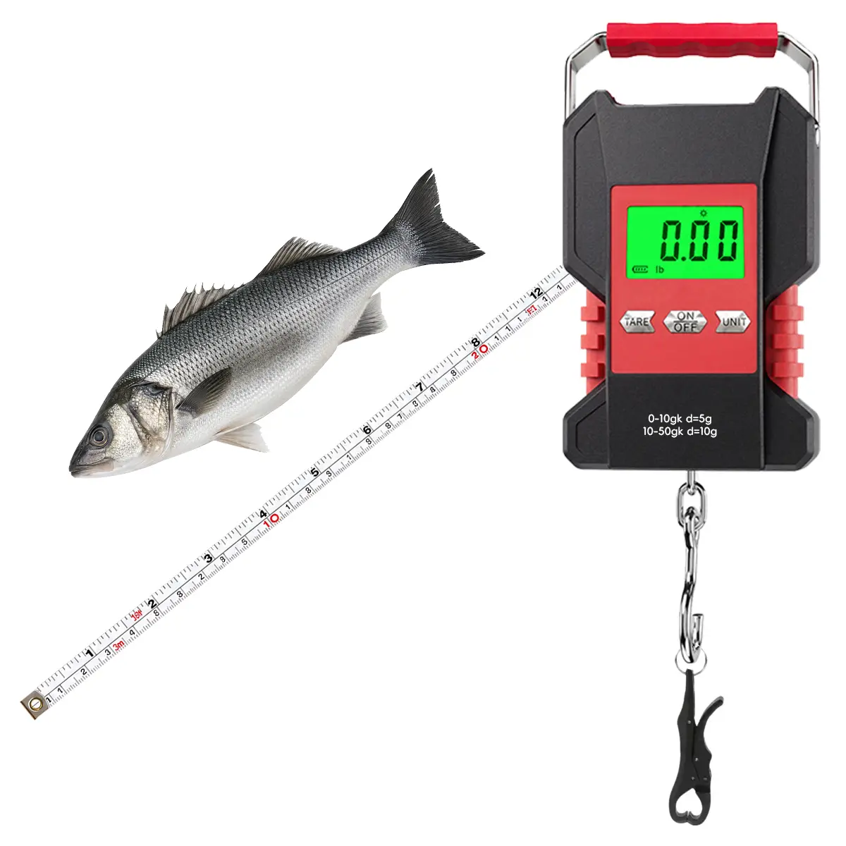 Digital Fishing Scale with Tape Measure , Max 110 Lbs Weight Capacity, Backlit Lcd Display , Support OZ/LB/KG Unit Switch, Stainless Steel Hook,Ergonomic Non-Slip Handle, Portable Fish Weighing Scale for Anglers Freshwater Saltwater Fishing
