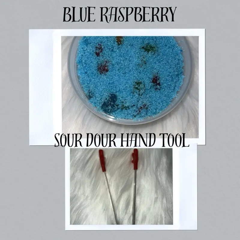 One 8oz Container of blue raspberry Sour Dour Bites Sweet Snack Vibrant Chewy Gusher Candies with Tangy Sour Coating & Fruity Gel Filling in Fruity Flavors Bonbon with any color sour four hand tool