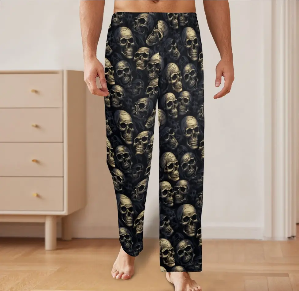 Skull Halloween Men Pajamas Pants, Black Skeleton Spooky Horror Gothic Satin PJ Pockets Sleep Lounge Trousers Couples Matching Bottoms