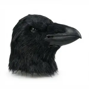 Realistic Raven Mask Full Head Crow Bird Mask, Fluffy Fur & Resin Eyes, Creepy Animal Headpiece for Halloween Cosplay Costume Party Props
