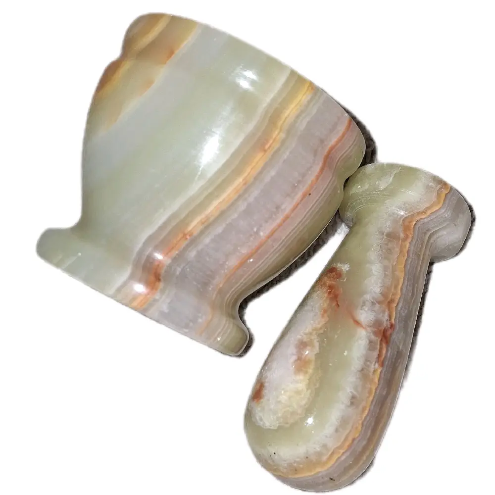 Green Onyx Crystal Mortar & Pestle Set with Beige-Brown Accents