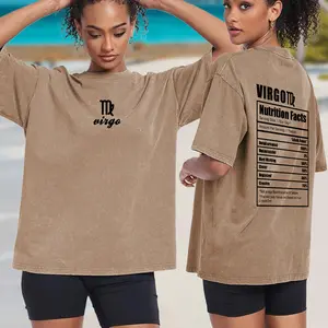 Holafsih Stylish Zodiac Sign Women's Crew Neck T-shirt - Unique and Personalized Design, Comfortable Daily Wear,Acid Wash Drop Shoulder Tees Oversized