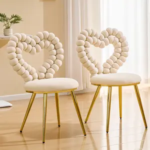 Unique Velvet Accent Chair with Gold Metal Legs – Heart Bubble Tufted Modern Vanity Chair for Living Room Bedroom Dressing Table – Beige