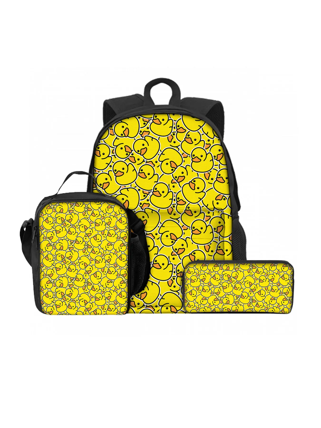 Little yellow duck pattern printing 42 cm height three-piece backpack set with front pocket (front pocket backpack + lunch bag + pencil case)