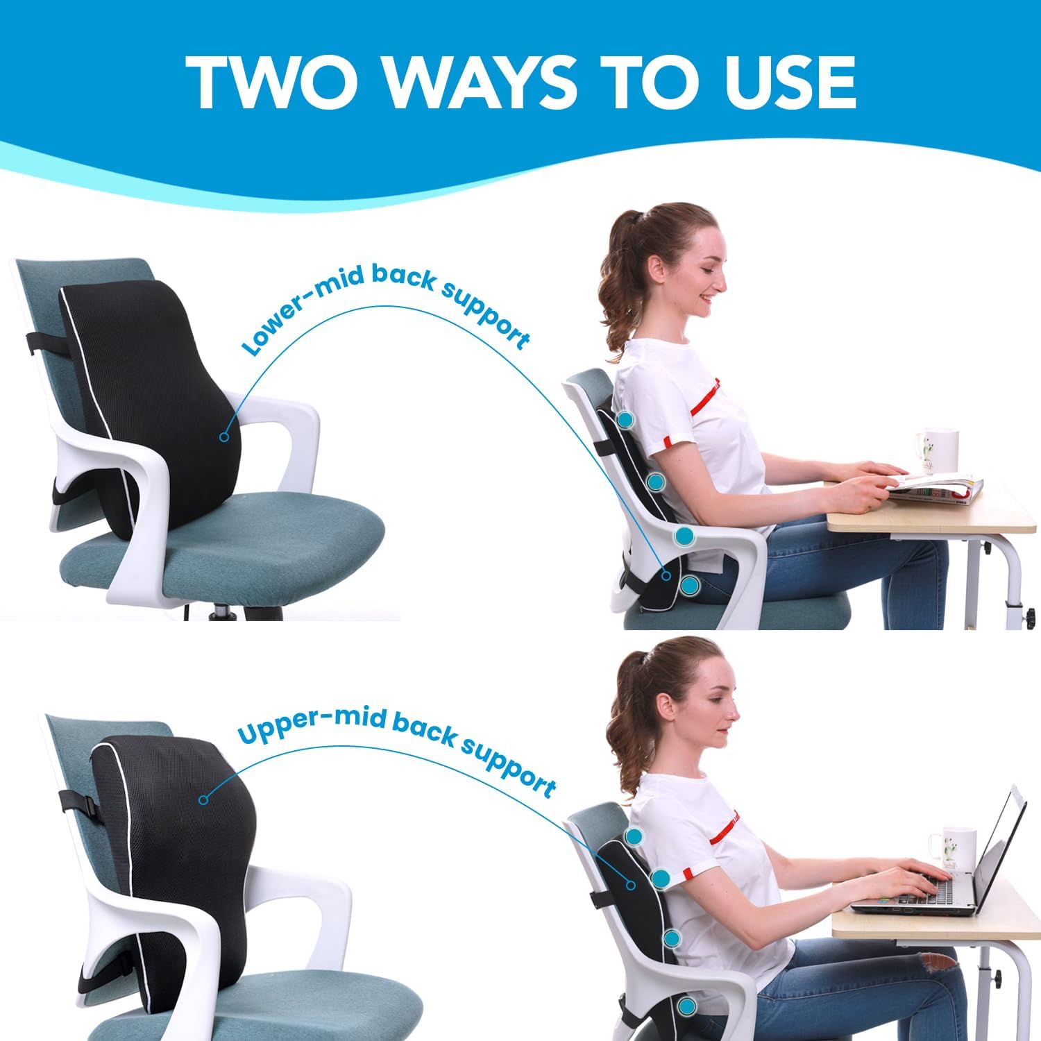 Contoured Shape Ergonomic Memory Foam Lumbar Support Cushion with Machine-Washable Mesh Cover - Durable, Spine-Aligning, Pressure-Relieving, Posture-Correcting, Stay-Put Straps for Car Seat, Office Chair - Ideal for Dads, Seniors, Mid Back Pain Relief, Gi