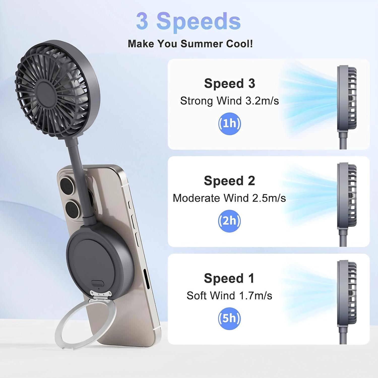 Magnetic Portable Phone Fan, 3 Speed Adjustments, with 2-in-1 Finger Ring for Support and Hanging, USB Mini Handheld Rechargeable Fan for iPhone 16/15/14/13/12Pro Max Series