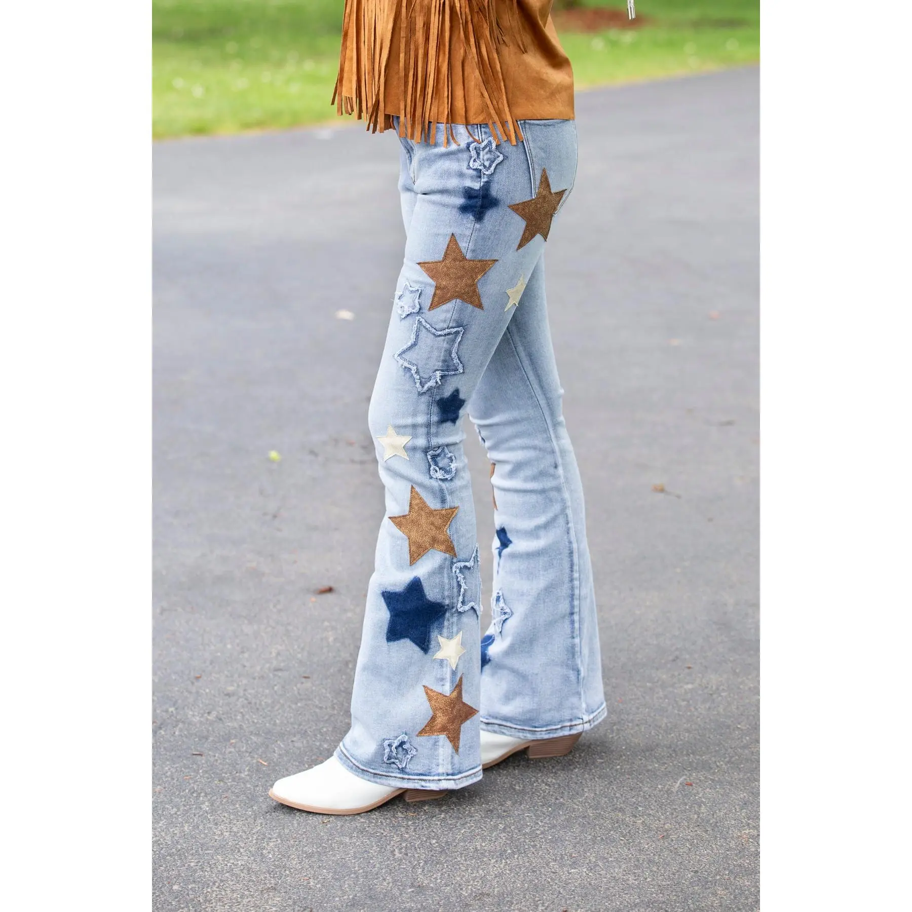 Star Patchwork Flare Jeans for Women - Mid Rise Wide Leg Cotton Spandex Denim with a Fringe Hem, Fits True to Size