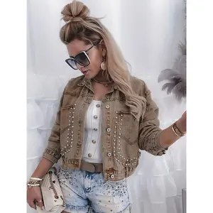 Women's Retro Distressed Rivet Denim Short Jacket, Short Loose Denim Top With Large Pockets, Fashionable and Versatile Items Vintage Casual