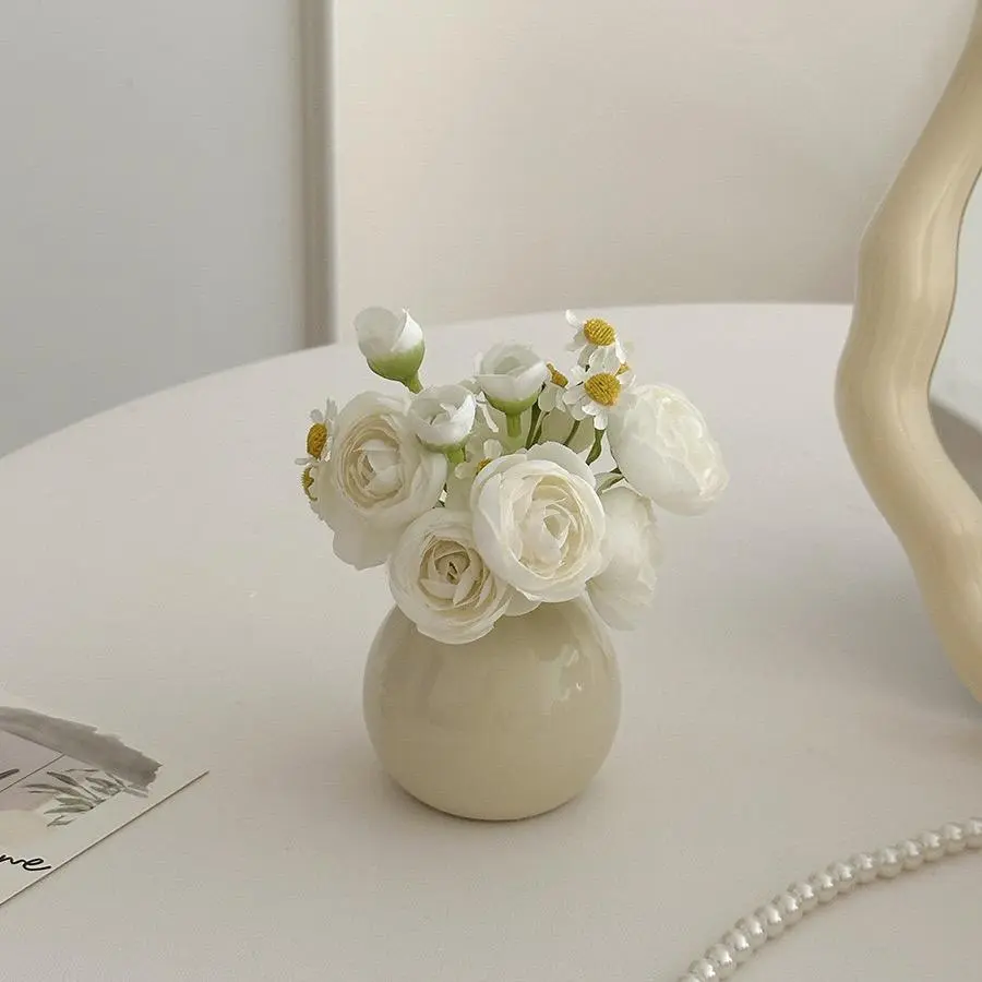 Mini Ceramic Vase Set, 5 Counts/set Artificial Flower Vase with Flower, Decorative Flower Vase, Decorative Flower Vessel, Centerpieces Vases, Flower Arrangement Vase for Home Office Desktop Decoration, Ornaments, Cute Desktop Decoration