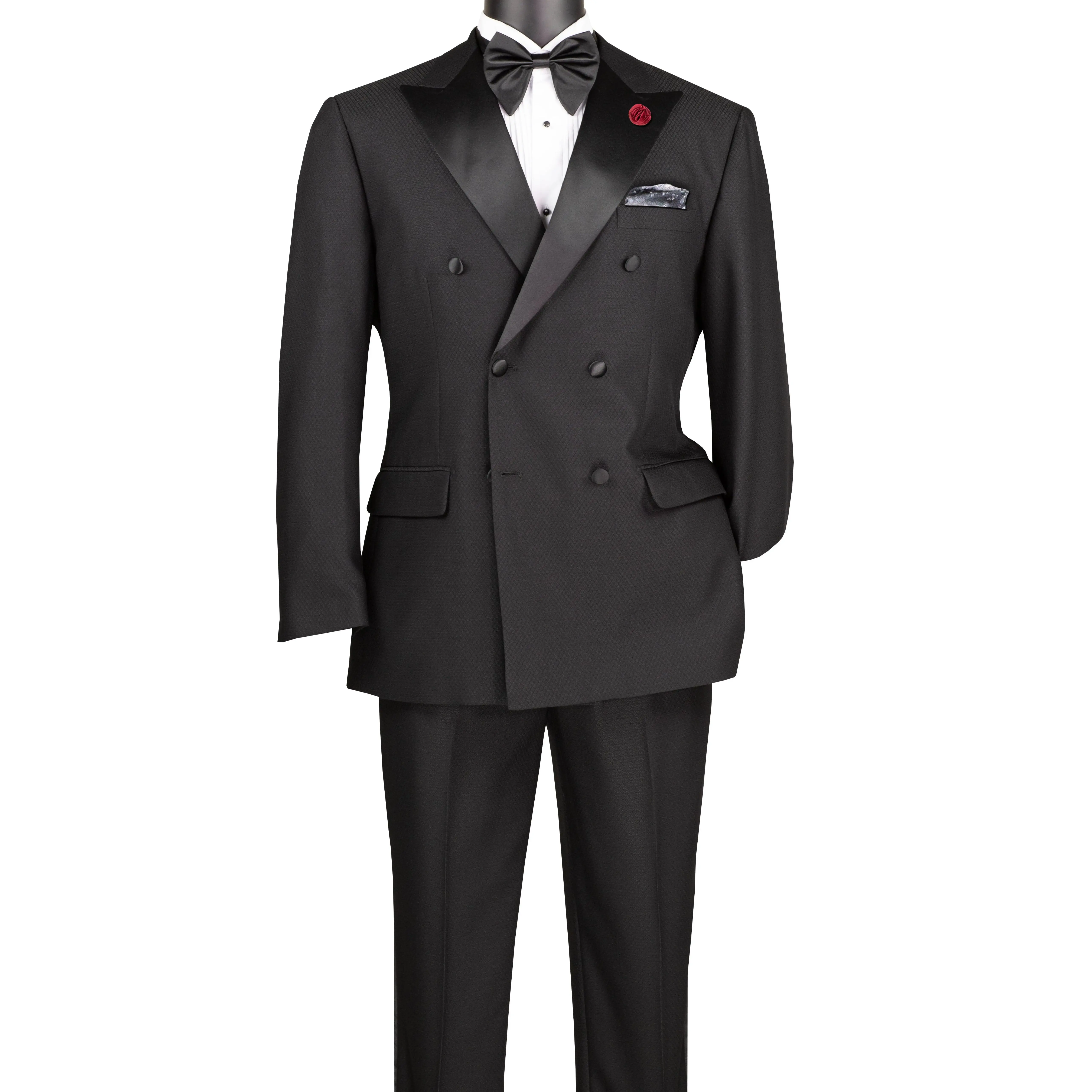 Men’s 2-Piece Double-Breasted Tuxedo with Satin Peak Lapel and Flat Front Pants - Black