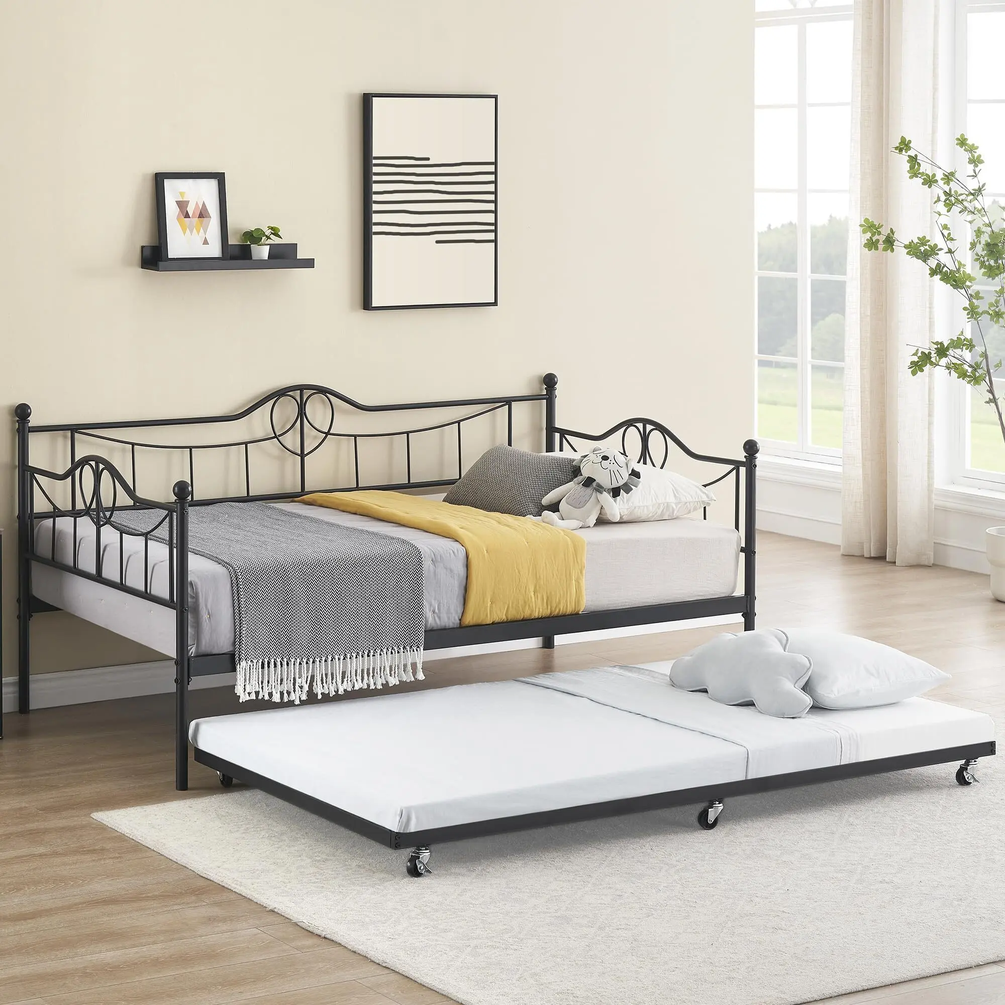 Twin Daybed with Trundle, Modern Pull Out Day Bed Frame with Vintage Headboard, Metal Daybed with Sturdy Slat Support, Easy Assemble, for Small Spaces, Kids Room, Living Room, Guest Room, Black