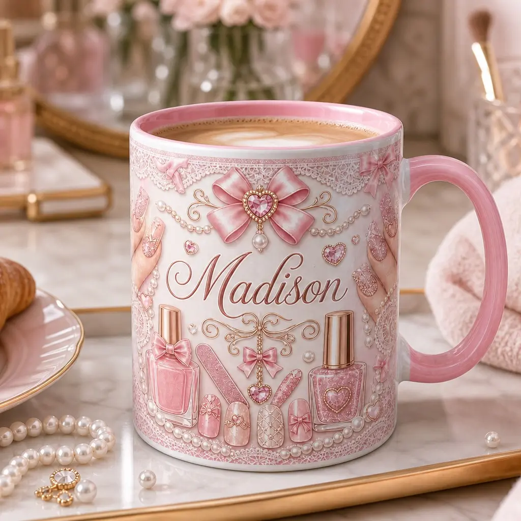 Personalized Nail Tech Mug, Custom Pink Handle Ceramic Cup, 2D Printed 3D Effect Lace Bow Nail Polish Design, For Nail Artists Women Manicurists, Birthday Christmas Mother's Day Gift, Glam Beauty Keepsake