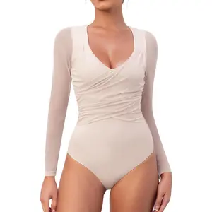 Bodysuits for Womens Long Sleeve Sheer Mesh Ruched Body Suits V Neck Going Out Tops S-XL