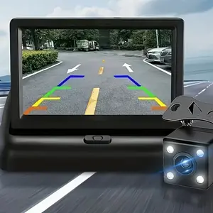 HD 4.3 Inch Foldable Car Monitor with 4 Lights Camera-Suitable, Wide Angle View, Safe Reversing