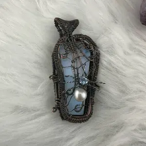 Halloween Copper Wire Wrapped Coffin Pendant with Opalite, Sterling Silver Spider, Pearl & Blue Gemstone — Hinged, Removable Stone