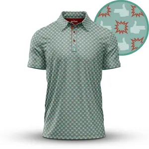 [SHIP FROM US] Retro Finger Bang Pattern Golf Polo Shirt – Mint Green Geometric Print Polo, Casual Golf Shirt for Men, Summer Outfit